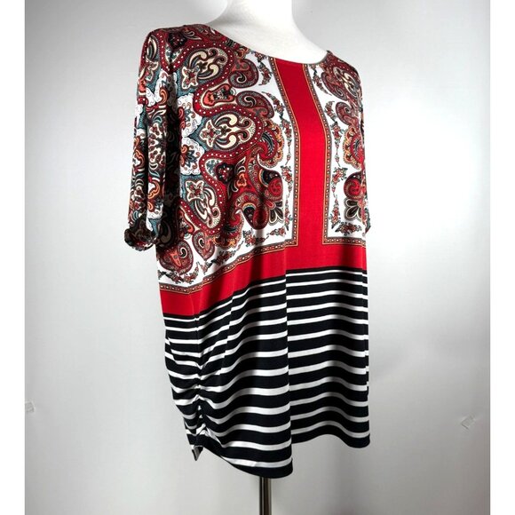 Chico's Tops - Chicos Paisley & Stripe Womens Short Sleeve Top Ruched Sides Size 3 Artsy Travel